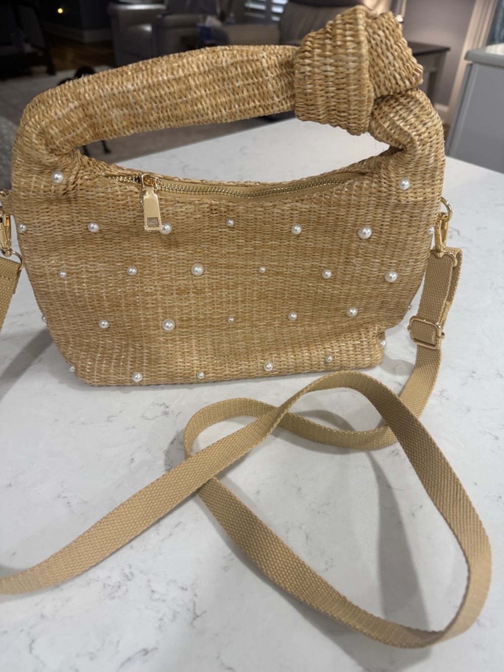 DSW Natural Straw Crossbody with Pearl Accents